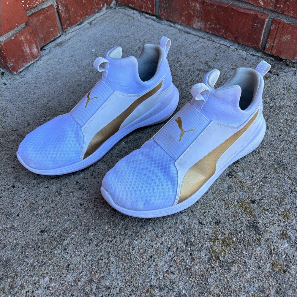 Puma White and Gold Athletic Slip-On Shoes